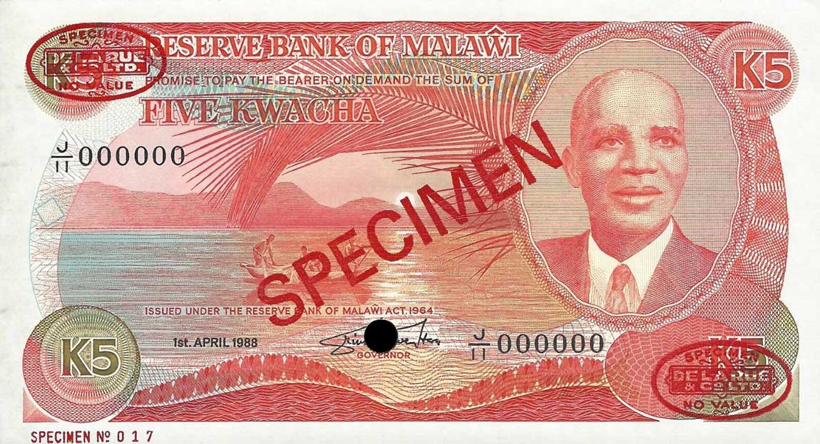 Front of Malawi p20s: 5 Kwacha from 1986