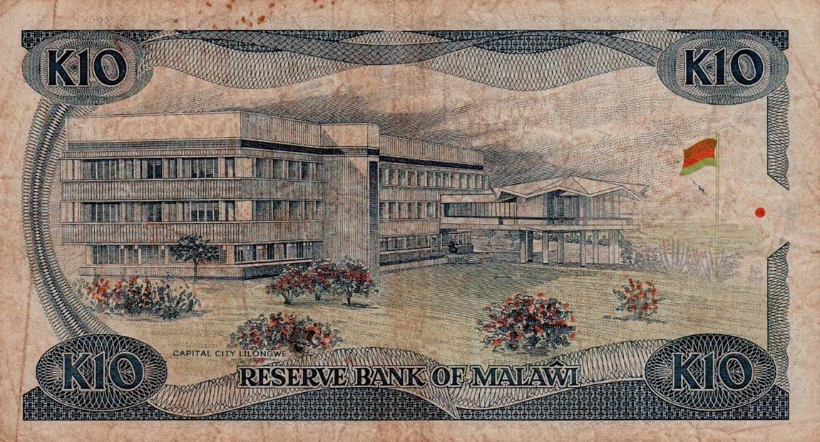 Back of Malawi p21b: 10 Kwacha from 1988