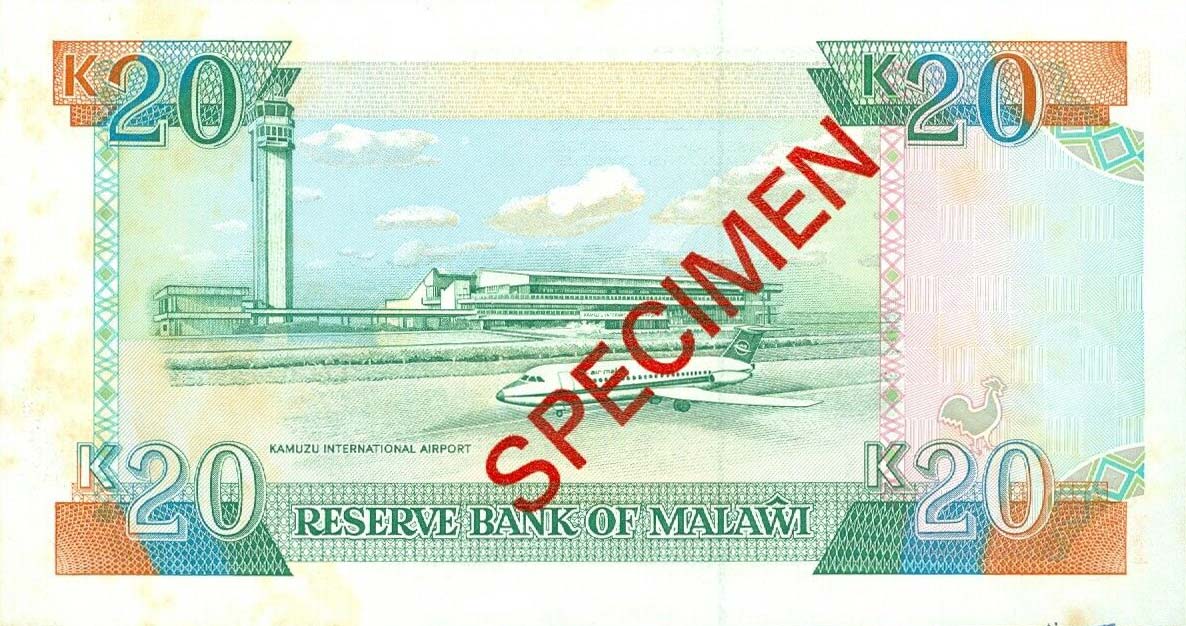Back of Malawi p26s: 20 Kwacha from 1990