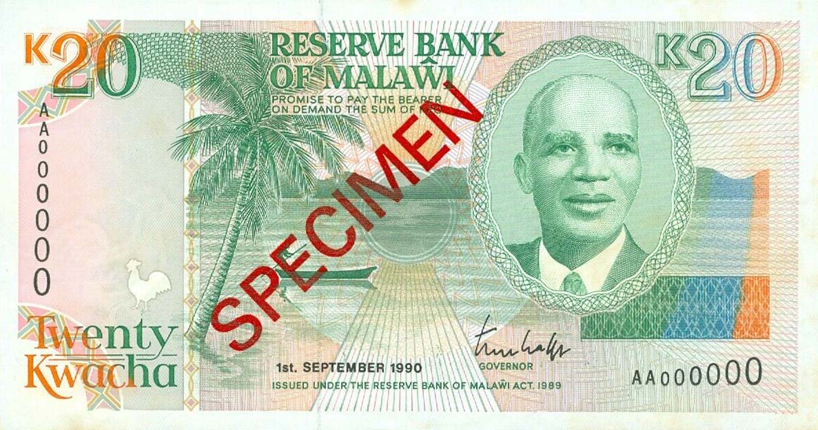 Front of Malawi p26s: 20 Kwacha from 1990