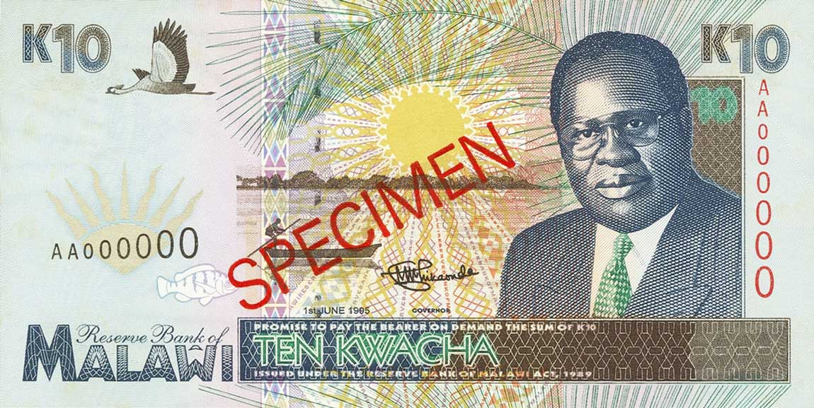 Front of Malawi p31s: 10 Kwacha from 1995
