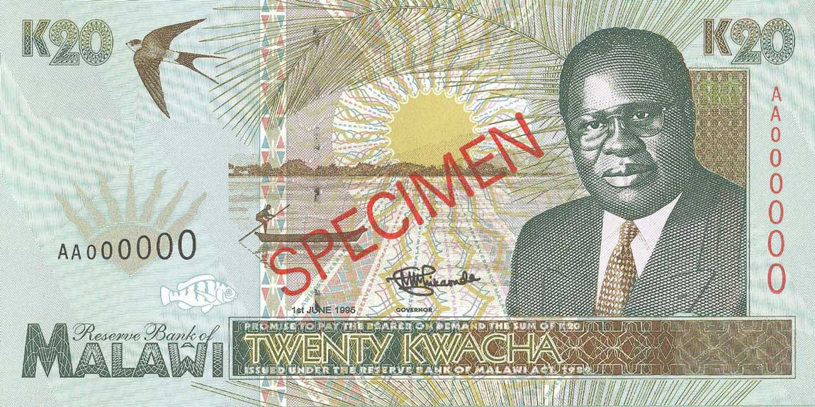 Front of Malawi p32s: 20 Kwacha from 1995