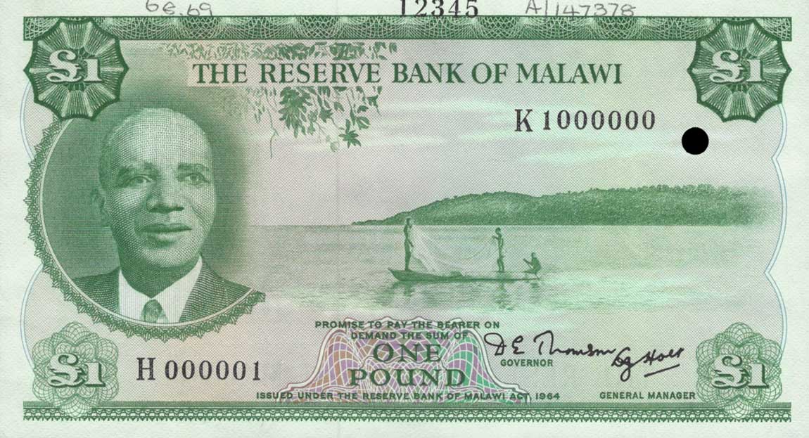 Front of Malawi p3As: 1 Pound from 1964
