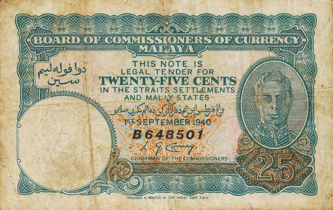 Front of Malaya p3: 25 Cents from 1940