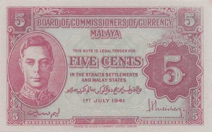 Front of Malaya p7a: 5 Cents from 1941