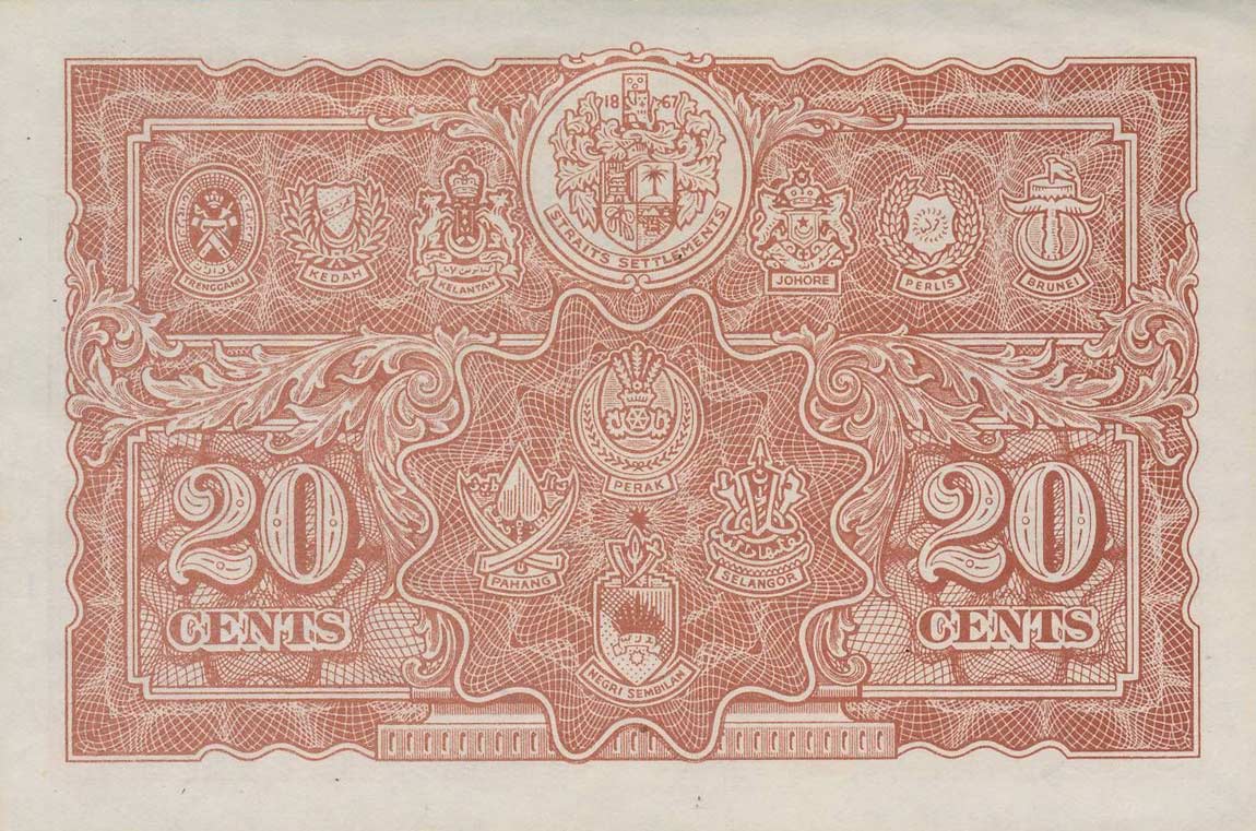 Back of Malaya p9b: 20 Cents from 1941