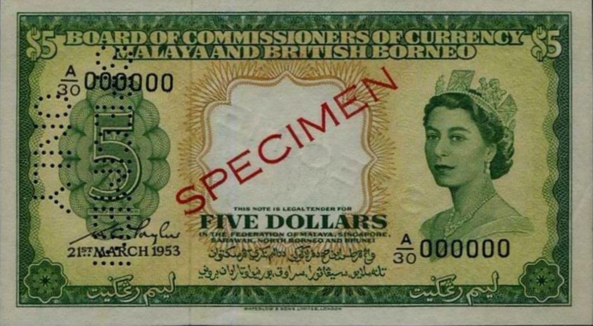 Front of Malaya and British Borneo p2s: 5 Dollars from 1953