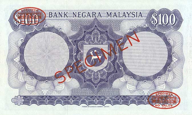 Back of Malaysia p5s: 100 Ringgit from 1967
