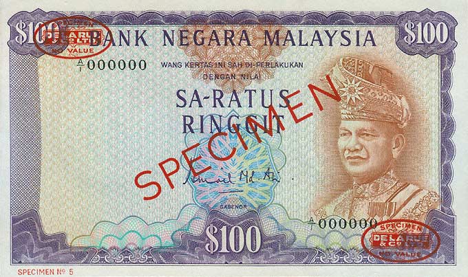 Front of Malaysia p5s: 100 Ringgit from 1967