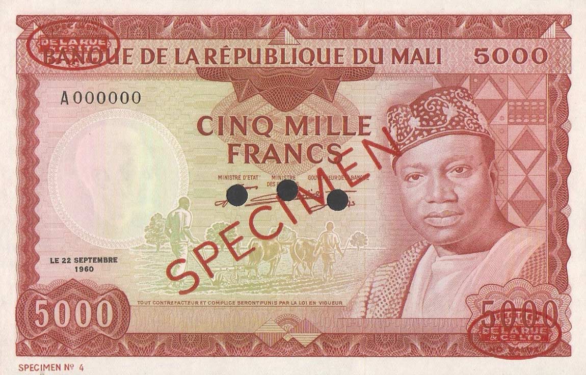 Front of Mali p10s: 5000 Francs from 1960