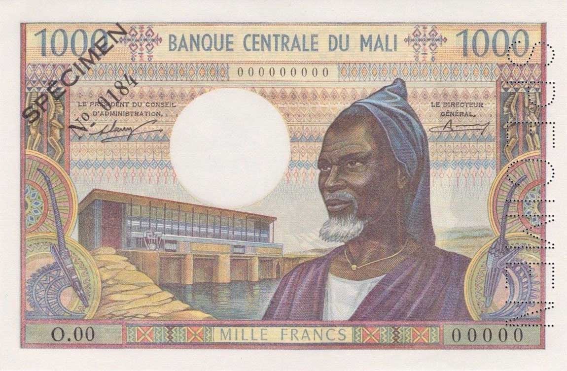 Front of Mali p13s: 1000 Francs from 1970