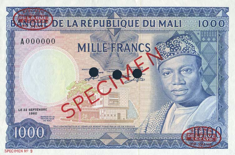 Front of Mali p9s: 1000 Francs from 1960