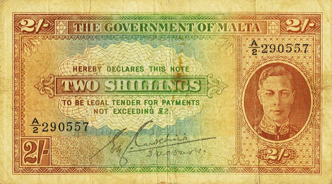 Front of Malta p17b: 2 Shillings from 1942