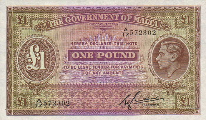 Front of Malta p20c: 1 Pound from 1940