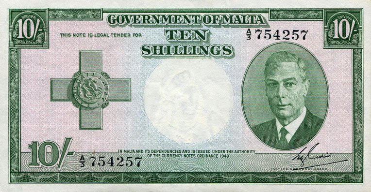 Front of Malta p21: 10 Shillings from 1951