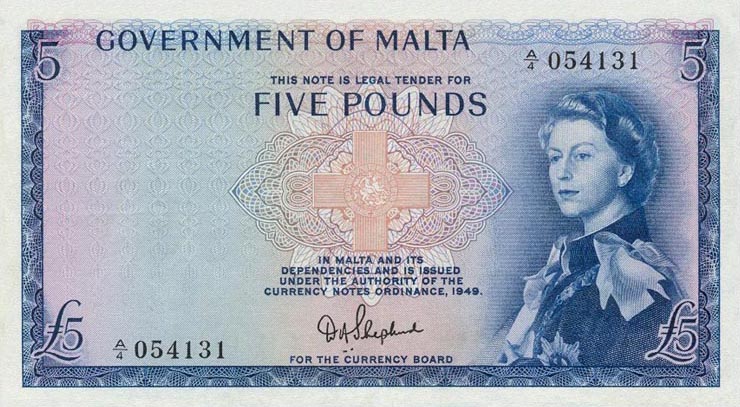 Front of Malta p27a: 5 Pounds from 1949