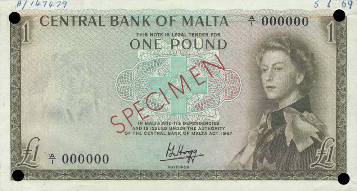 Front of Malta p29s: 1 Pound from 1967