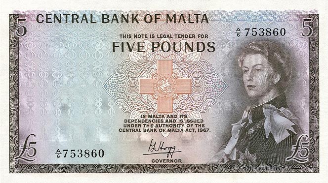 Front of Malta p30a: 5 Pounds from 1967