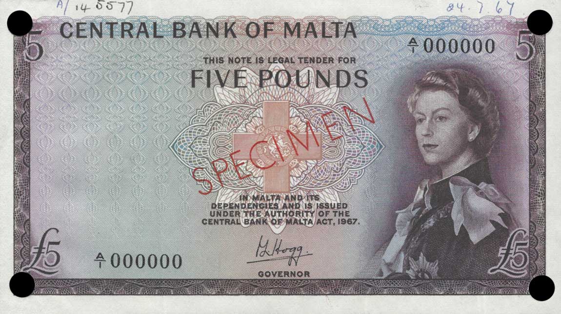 Front of Malta p30s: 5 Pounds from 1967