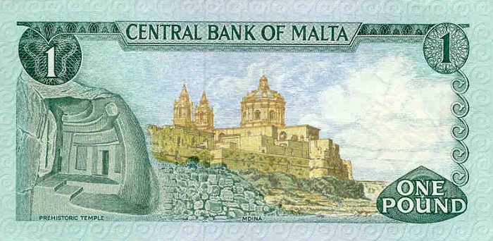 Back of Malta p31a: 1 Lira from 1973