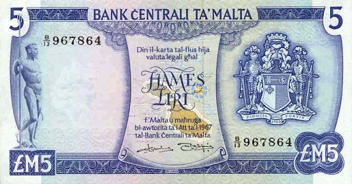Front of Malta p32a: 5 Lira from 1973
