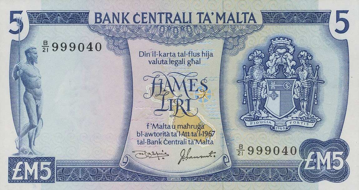 Front of Malta p32c: 5 Lira from 1973