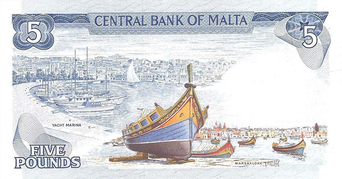 Back of Malta p32d: 5 Lira from 1973