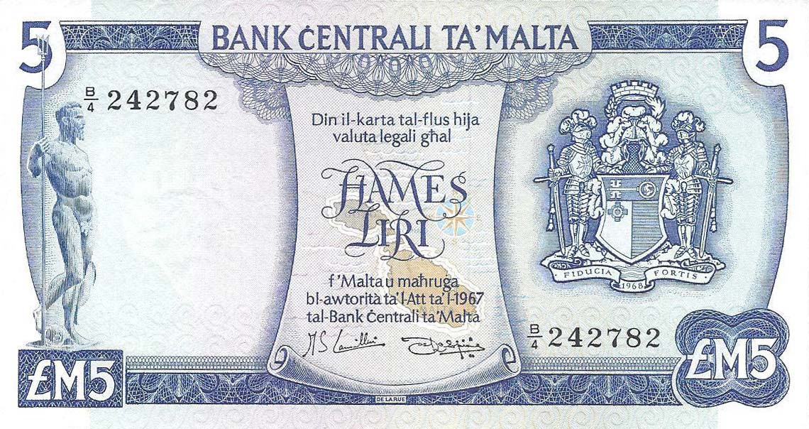 Front of Malta p32d: 5 Lira from 1973