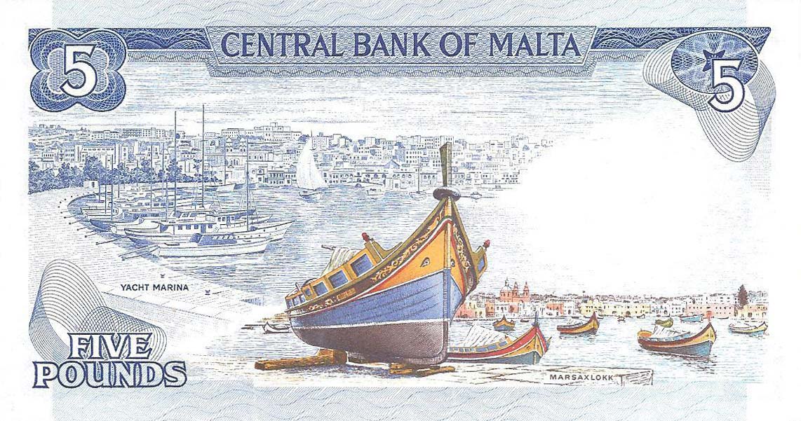 Back of Malta p32e: 5 Lira from 1973