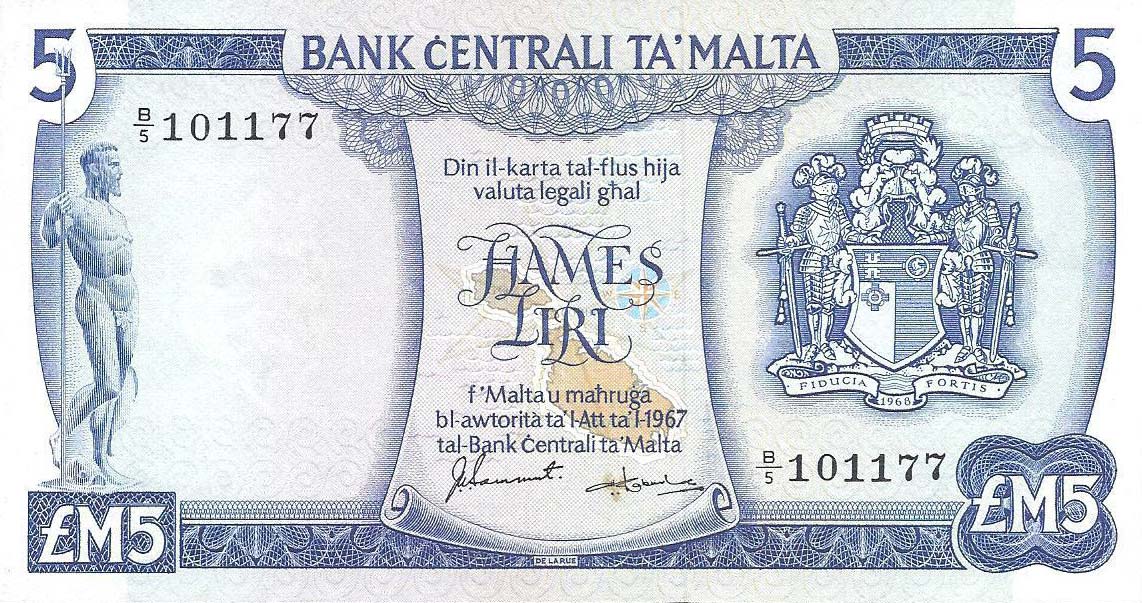 Front of Malta p32e: 5 Lira from 1973