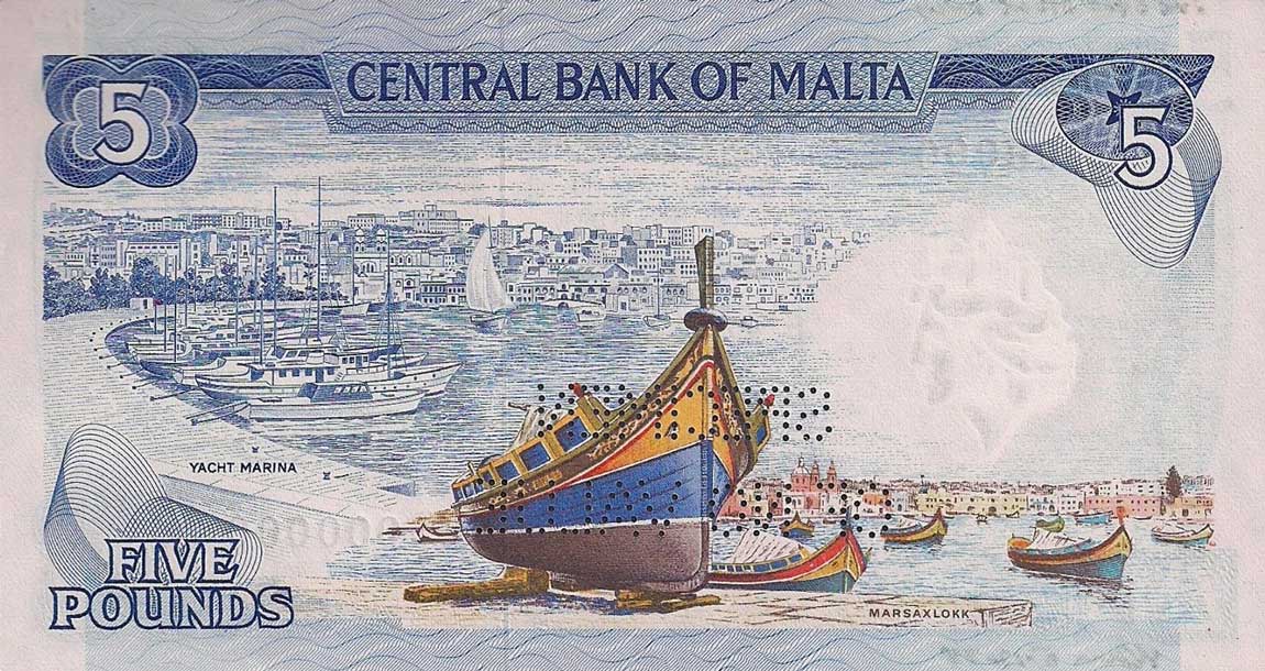 Back of Malta p32s: 5 Lira from 1973