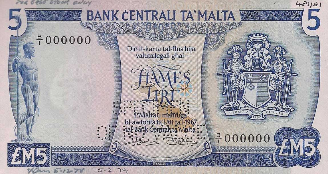 Front of Malta p32s: 5 Lira from 1973