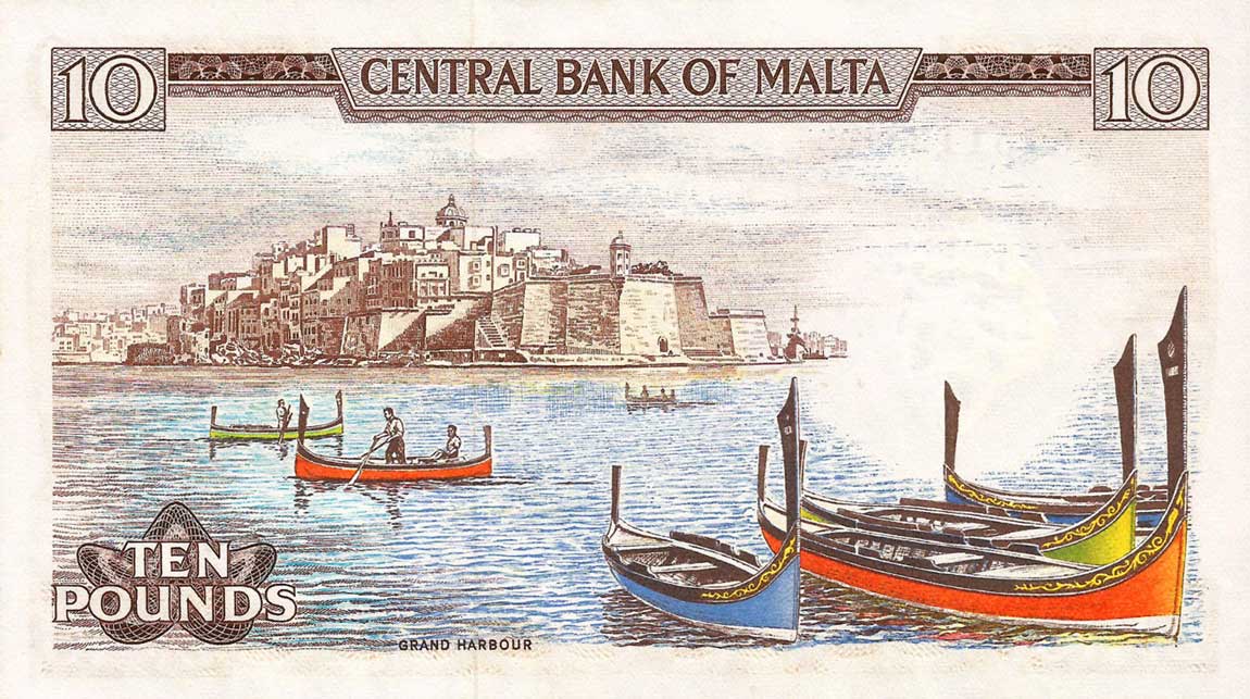 Back of Malta p33b: 10 Lira from 1973