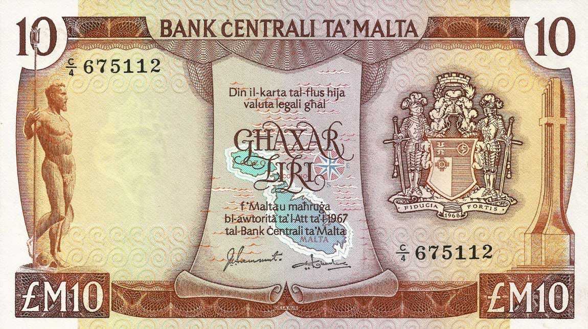 Front of Malta p33b: 10 Lira from 1973