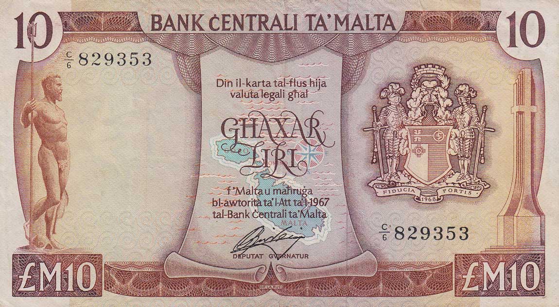 Front of Malta p33e: 10 Lira from 1973