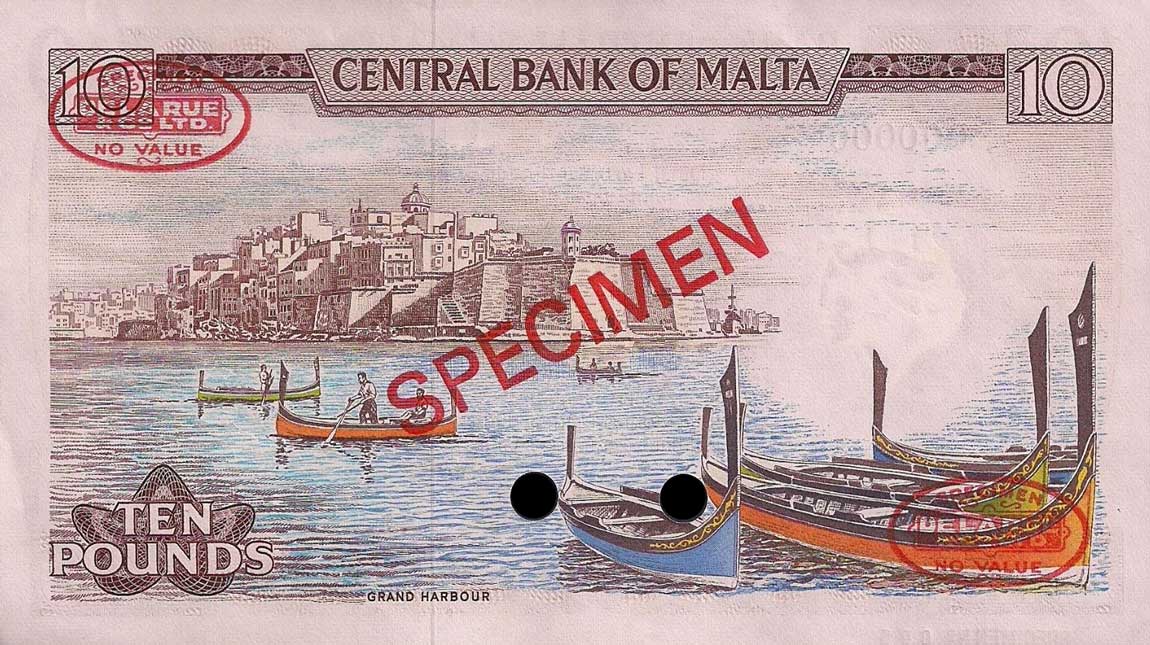 Back of Malta p33s: 10 Lira from 1973