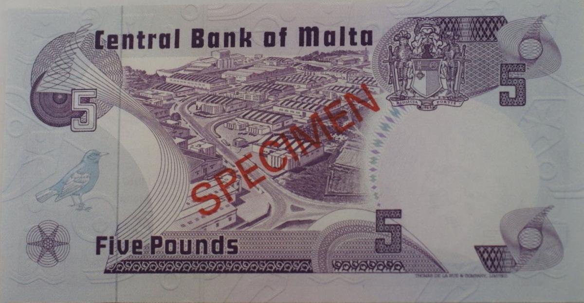 Back of Malta p35s: 5 Lira from 1979