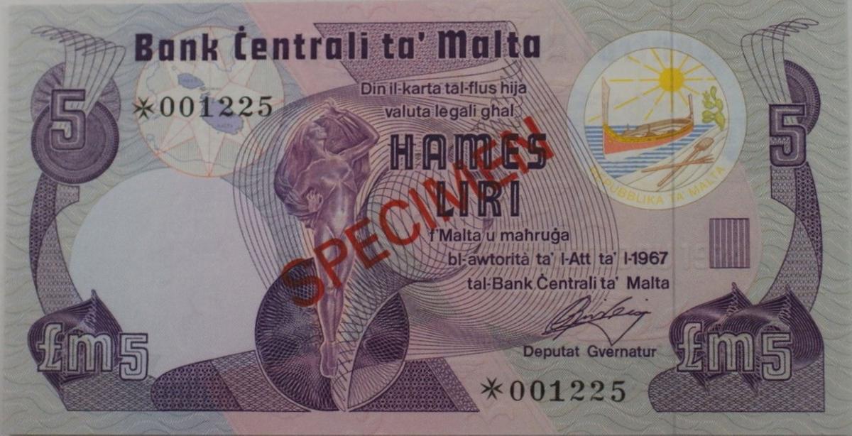 Front of Malta p35s: 5 Lira from 1979