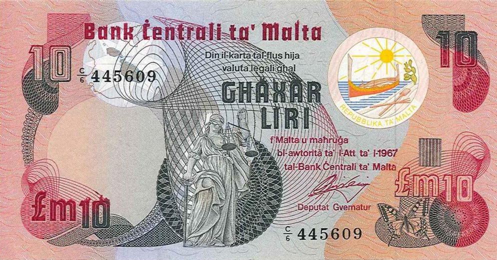 Front of Malta p36a: 10 Lira from 1979