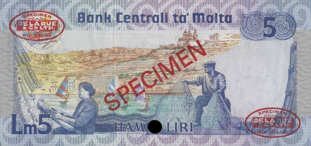 Back of Malta p38s: 5 Lira from 1986