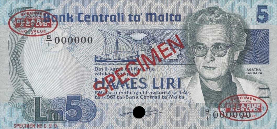 Front of Malta p38s: 5 Lira from 1986