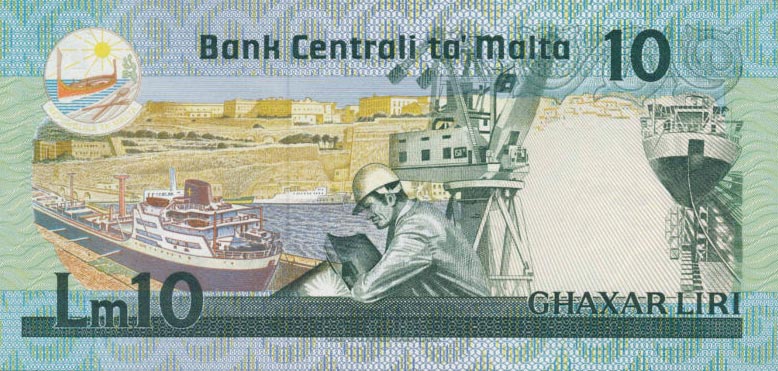 Back of Malta p39a: 10 Lira from 1986