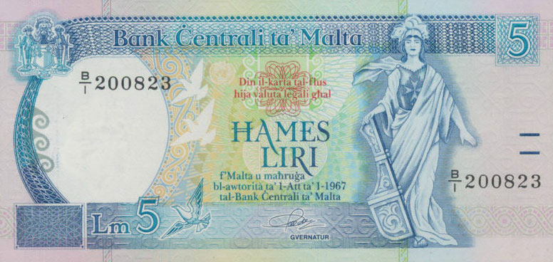 Front of Malta p42a: 5 Lira from 1989