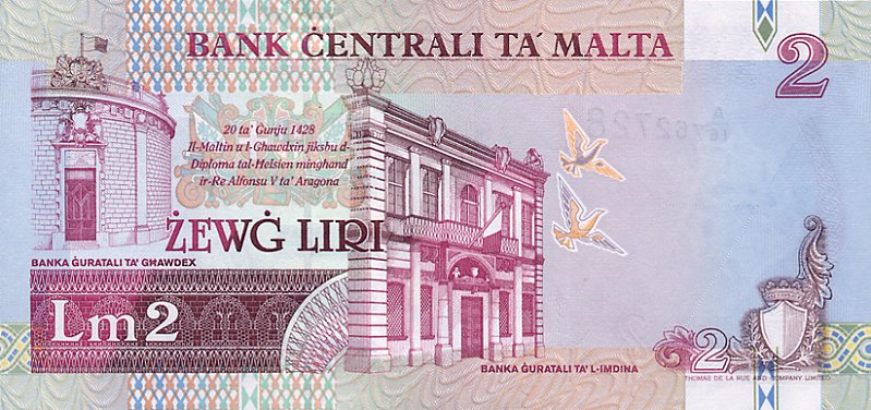 Back of Malta p45c: 2 Lira from 1994