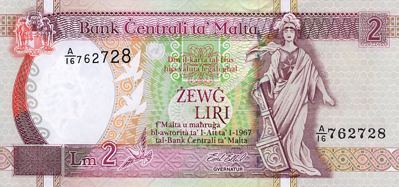 Front of Malta p45c: 2 Lira from 1994