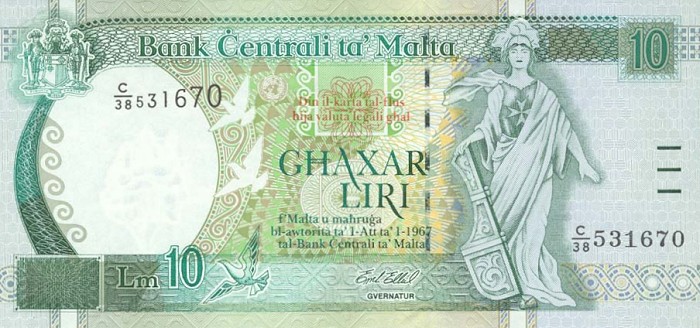 Front of Malta p47b: 10 Lira from 1994