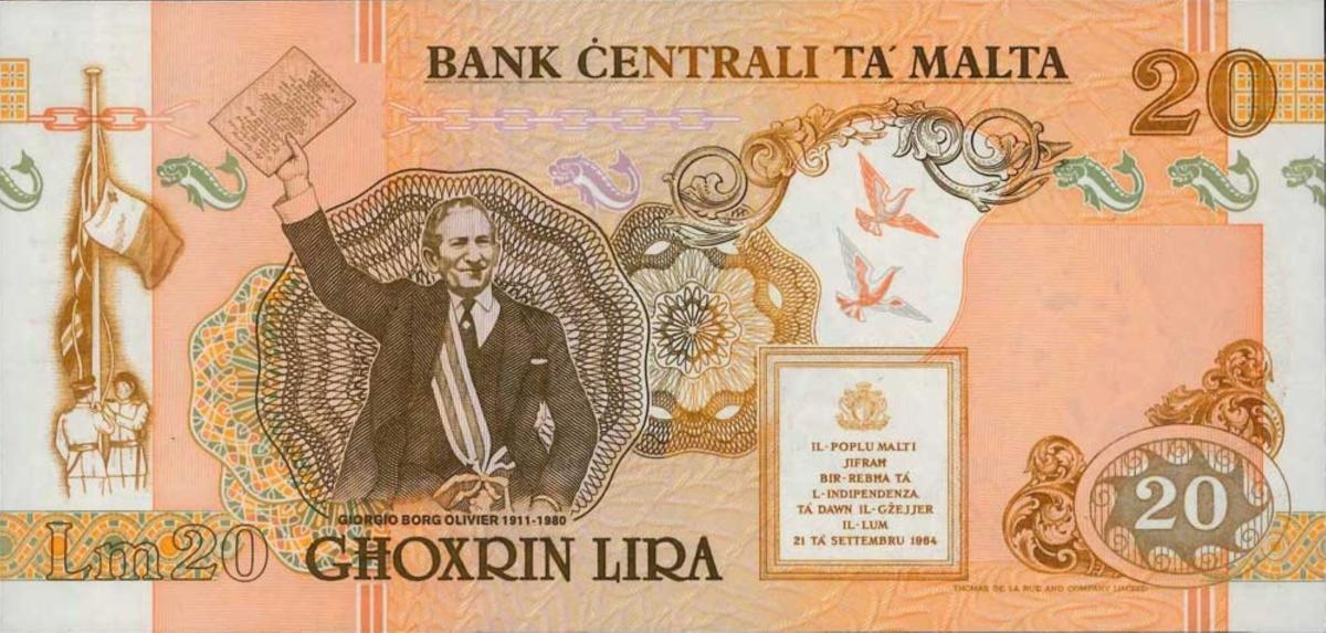 Back of Malta p48s: 20 Lira from 1994