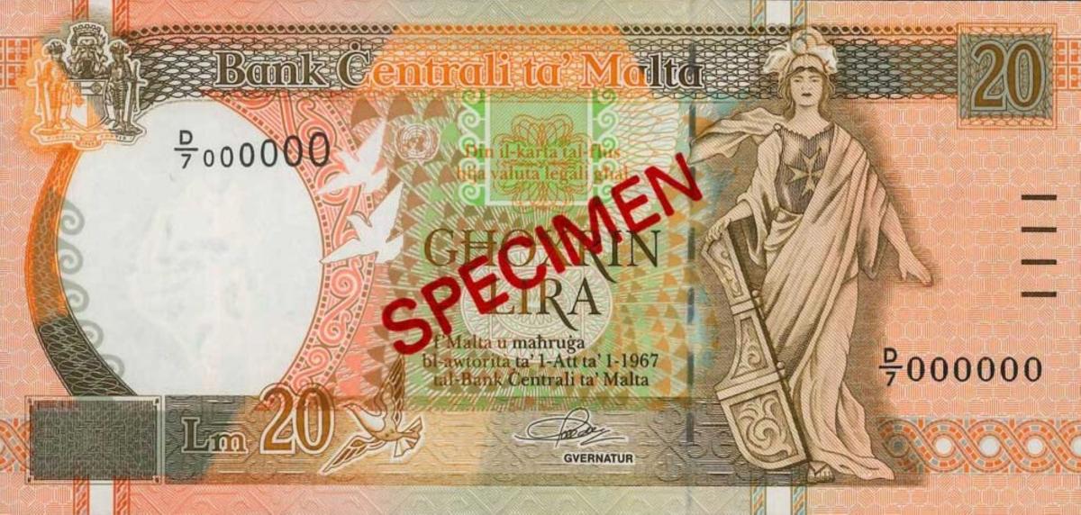 Front of Malta p48s: 20 Lira from 1994