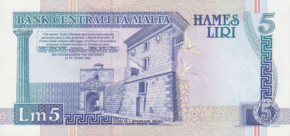 Back of Malta p50: 5 Lira from 2000