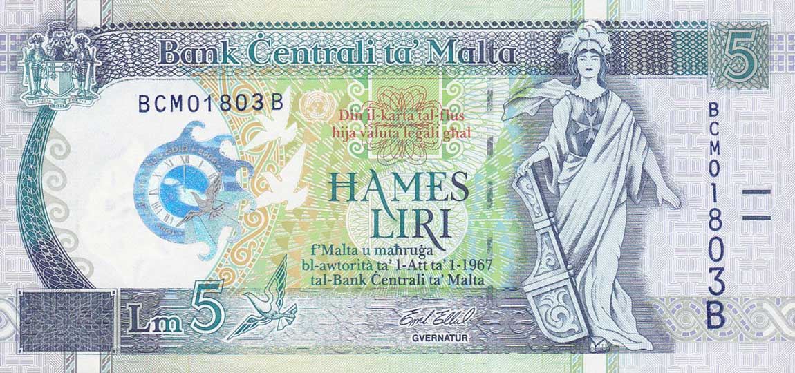 Front of Malta p50: 5 Lira from 2000